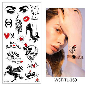 Флеш Тату. 19*9 См, Перевідна. Тимчасова. Набір, Мікс, Черепи, Пегас, Коні, Очі, Серця, Арабські Фрази,