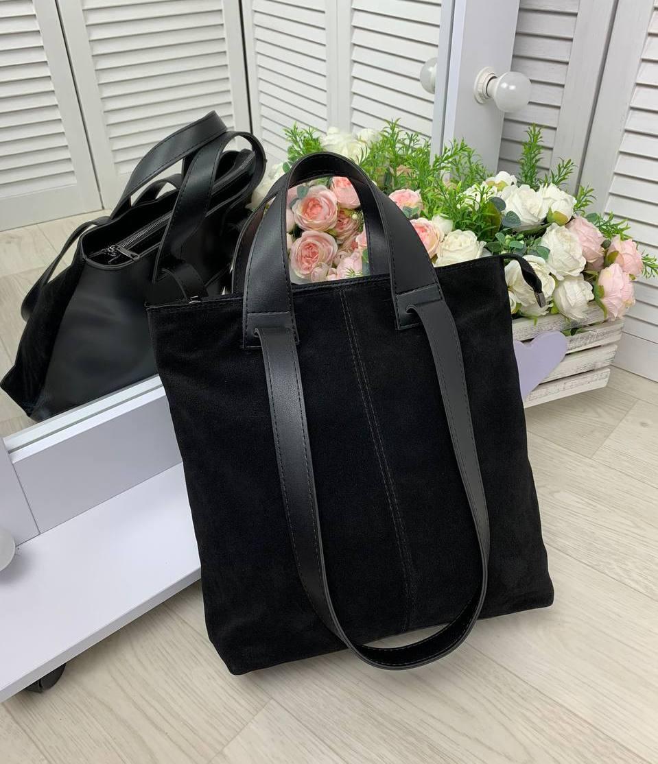 Велика жіноча сумка шоппер формату А4 стильна чорна замша+екошкіра