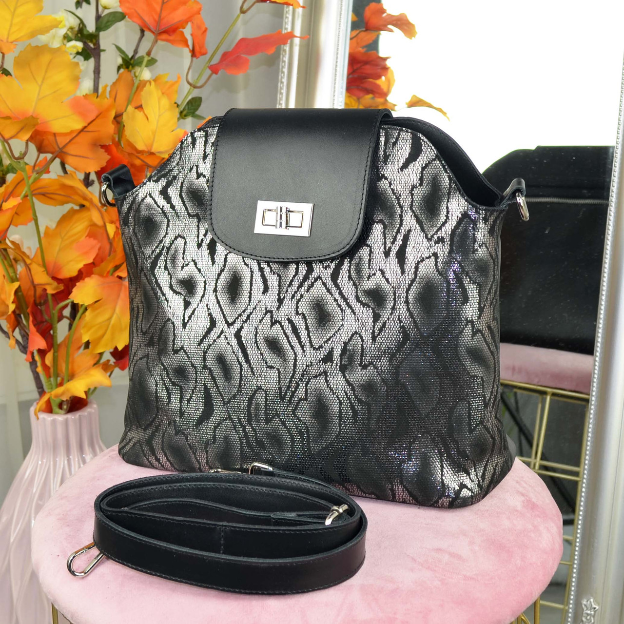 Сумка жіноча комбінована ТМ "Vasha Para". Колір чорний. Натуральна шкіра та шкіра пітон, фото 1