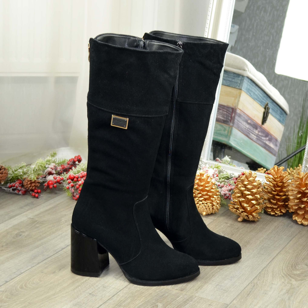 Чоботи чорні замшеві жіночі на високих підборах, фото 1
