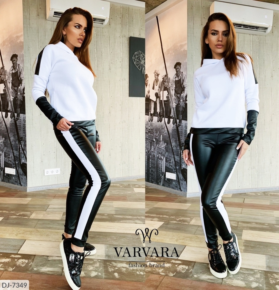 Жіночий зимовий костюм із тринитки зі вставками з еко шкіри, фото 1