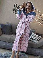 Теплый длинный женский розовый плюшевый халат коты