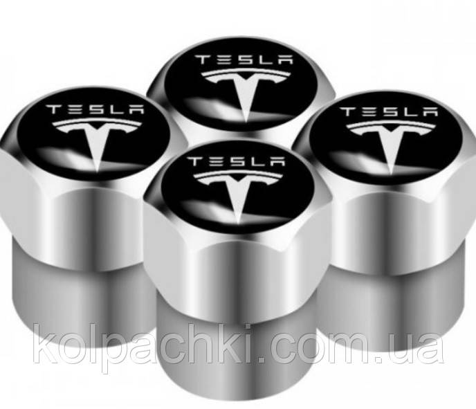 Захисні металеві ковпачки на ніпель, золотник автомобільних коліс із логотипом TESLA — хром