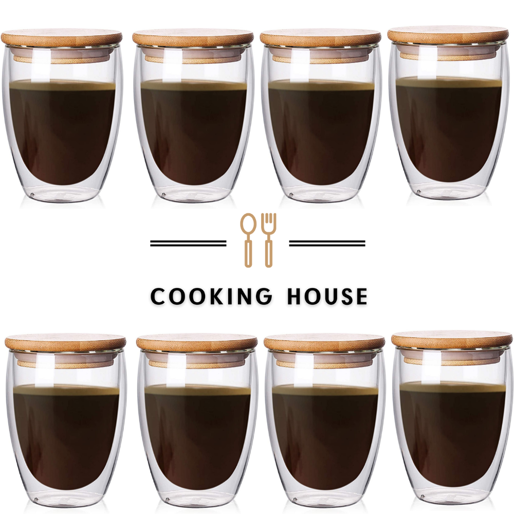 Склянки Cooking House з подвійними стінками з бамбуковою кришкою об’ємом 350 мл. 8шт