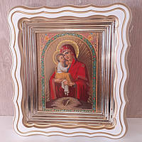 Икона Пресвятая Богородица Почаевская, лик 15х18 см, в белом фигурном деревянном киоте