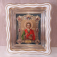 Икона Пантелеймон святой великомученик и целитель, лик 15х18 см, в белом фигурном деревянном киоте