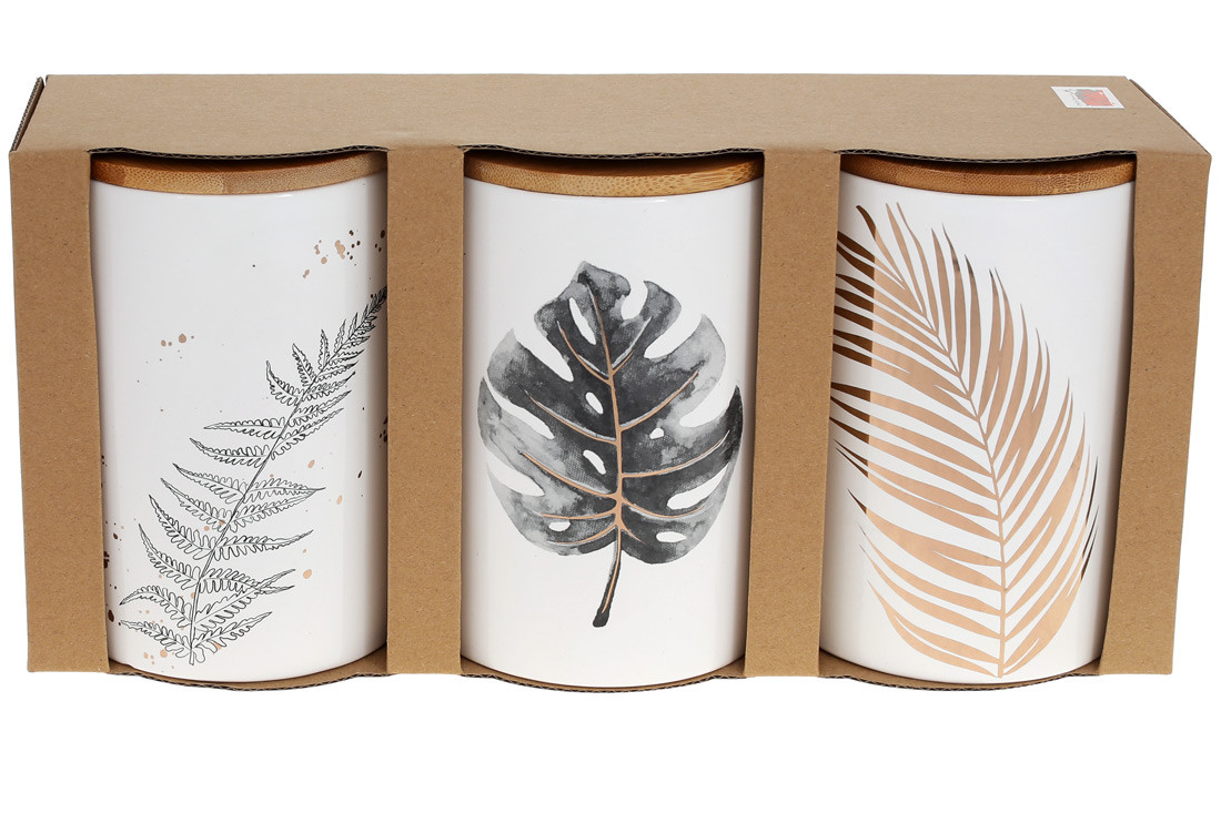 Набір (3 шт.) керамічних банок 650 мл із бамбуковими кришками Гаваї, колір — білий із золотом, фото 1