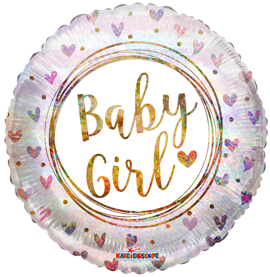 К 18" Baby Girl Ring And Hearts Holographic Foil Balloons. Фольгована куля голографік на виписку Дівчинка