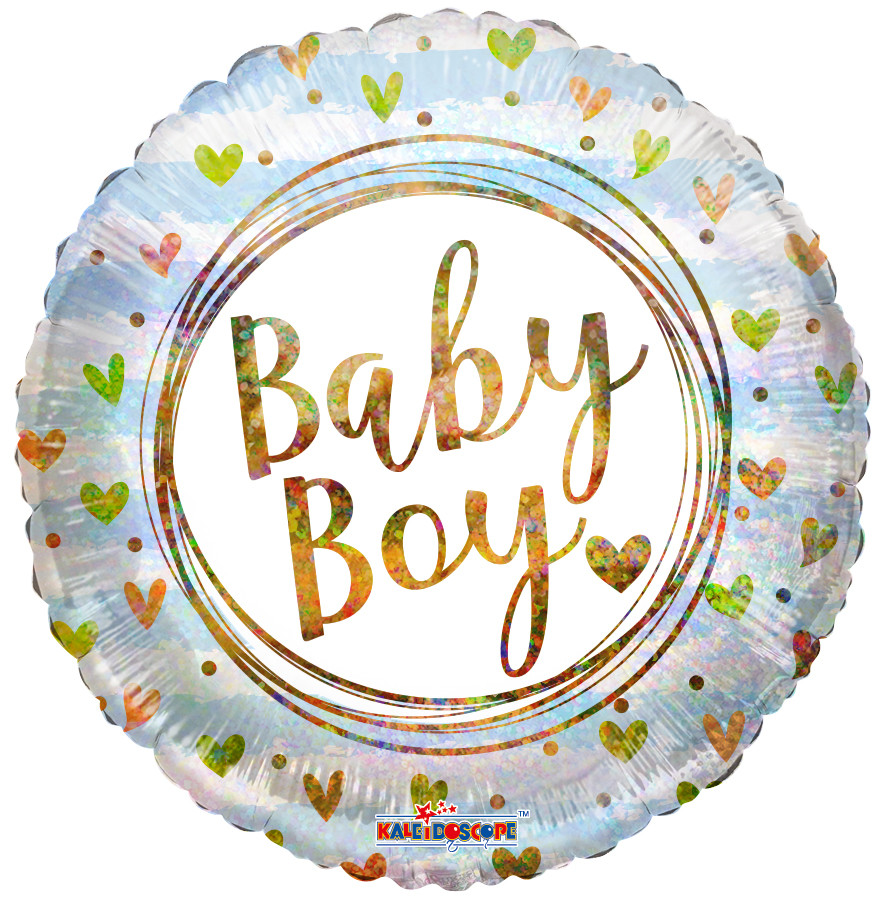 К 18" Baby Boy Ring And Hearts Holographic Foil Balloons. Фольгована куля голографік на виписку Хлопчик
