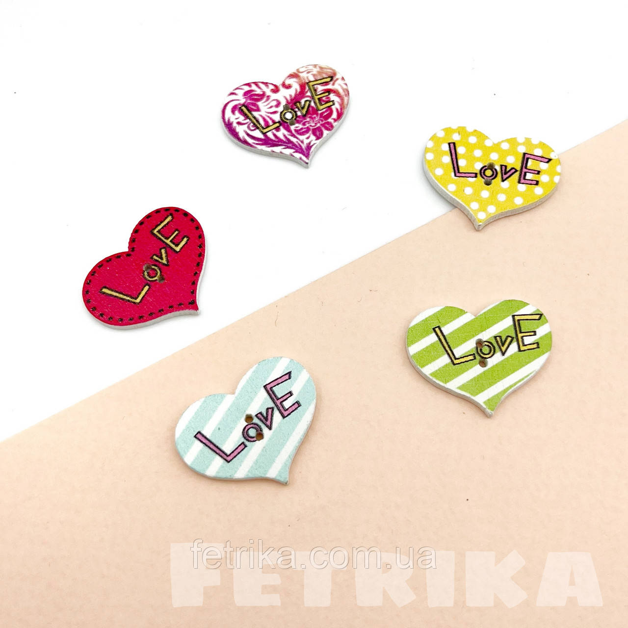 Ґудзики "Сердечка Love" дерев'яні, 25*20 мм, Мікс, фото 1