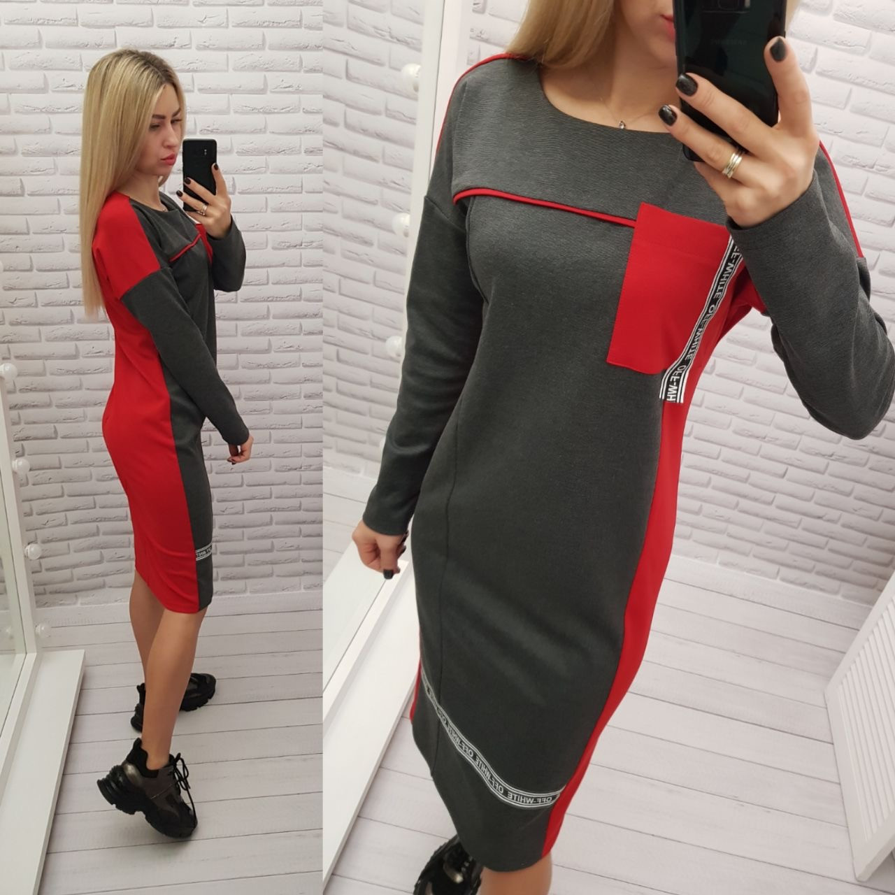 Новинка! Стильне двокольорове е сукня з довгим рукавом, арт 179, колір сірий з синім, фото 1