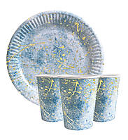 Набор одноразовой посуды Голубой мрамор с золотом Тарелки -10 шт Стаканчики - 10 шт