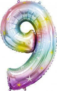 F 34"/86 см Цифра 9 Райдужні іскри, Градієнт, 1 шт. в упак. Фольгована куля цифра одна — В УП