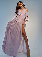 Женское блестящее платье в пол с открытыми плечами 44, Розовый