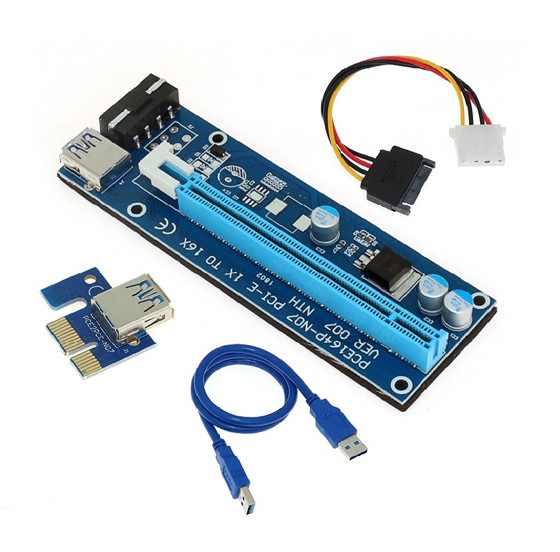 Адаптер PCI-E 1X to 16X Riser Card VER007 (PCE164P-N03) PCI-E extender 60см USB 3.0 Power Molex  Raser PCI-E x1 to PCI-E x16 USB 3