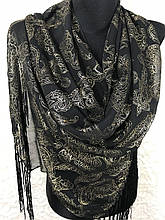 Жіночий шифоновий чорний шарф із золотим візерунком і бахромою 130х50 см (кол.4)