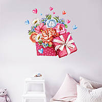 Интерьерные наклейки Цветы в коробке акварель для стен ПВХ сердечки подарок валентинка 550х500мм матовая