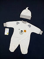 Человечек + шапочка для новорожденных из футера HappyTot Мишутка 56см молочный 786ф