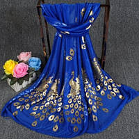 Женский шарф с Павлинами 170 на 40 см синий