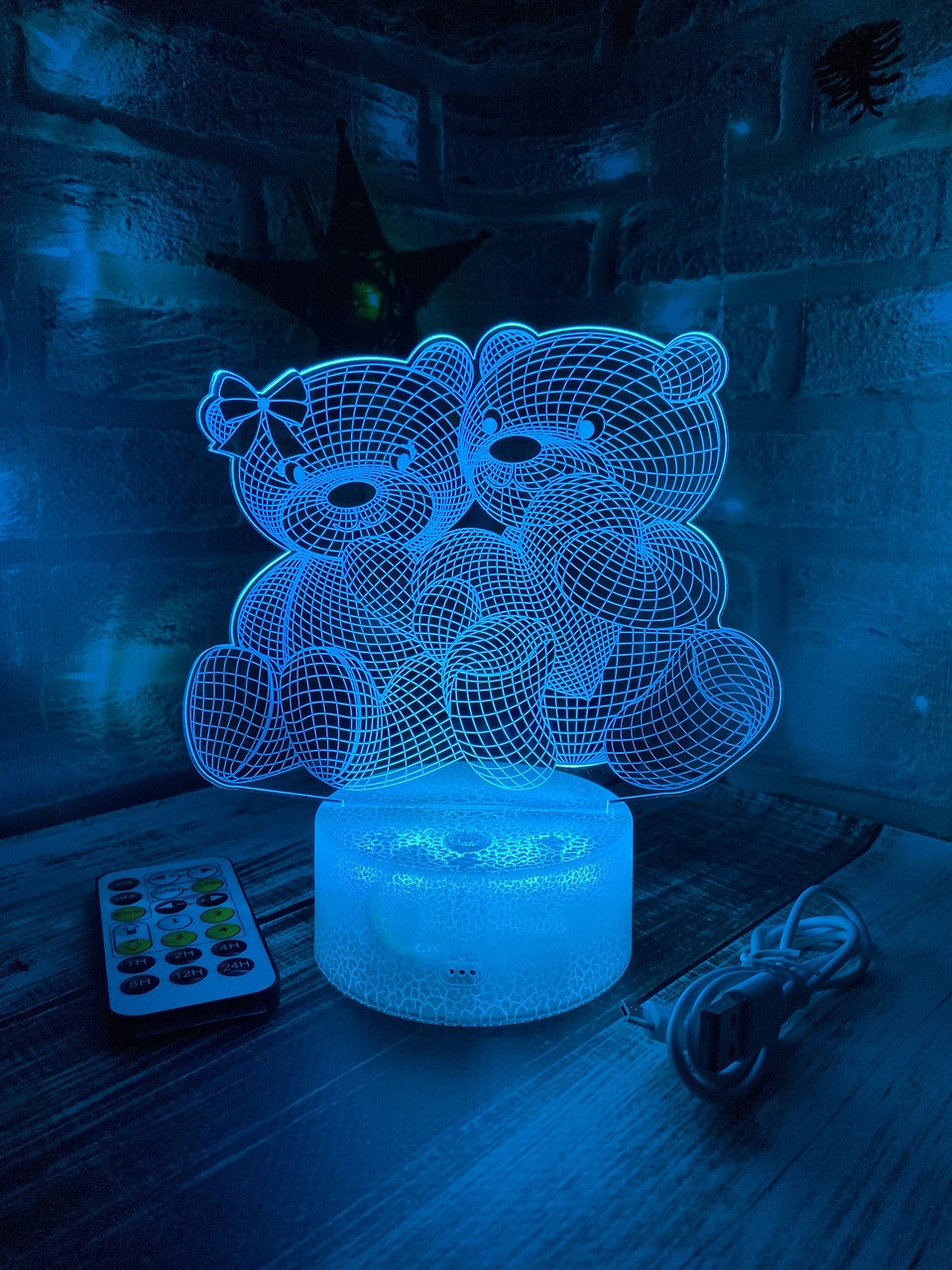 3d-лампа Закохана пара ведмедиків, подарунок коханому, 3D світильник або нічник, 7 кольорів і 4 режиму, таймер, пульт та батарейки