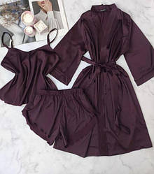 Шовковий комплект трійка халат, піжама з шортами для дому та сну колір БАКЛАЖАН, тканина шовк Армані