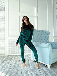 Жіноча велюрова піжама штани і кофта кофта для дому та сну колір СМАРАГД, велюровий домашній костюм