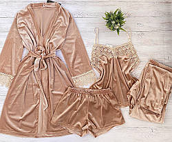 Жіноча велюрова піжама 4в1 майка шорти штани і халат для дому та сну ПУДРА, велюровий домашній костюм