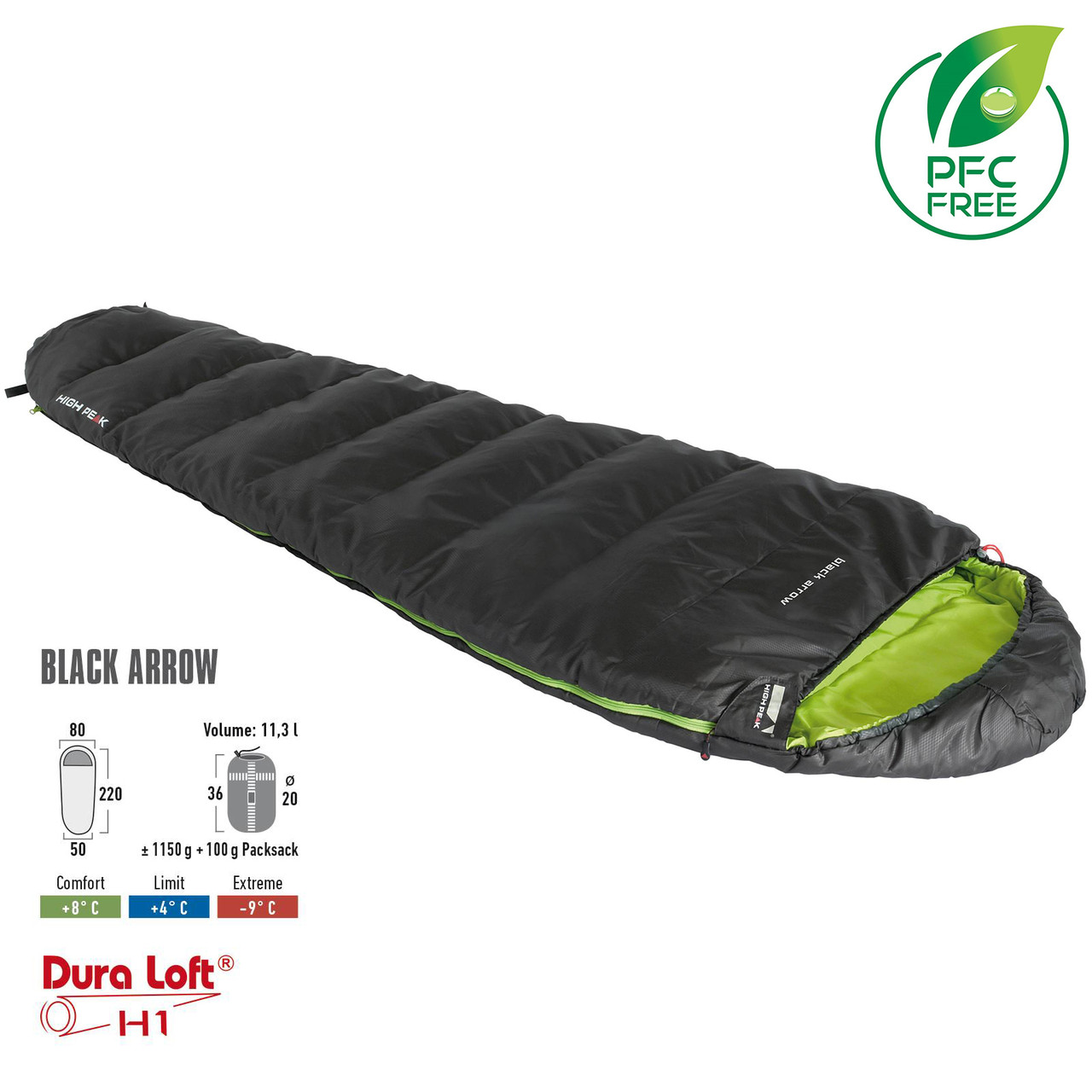 Спальний мішок High Peak Black Arrow/+4°C Dark Grey/Green Left (23059)