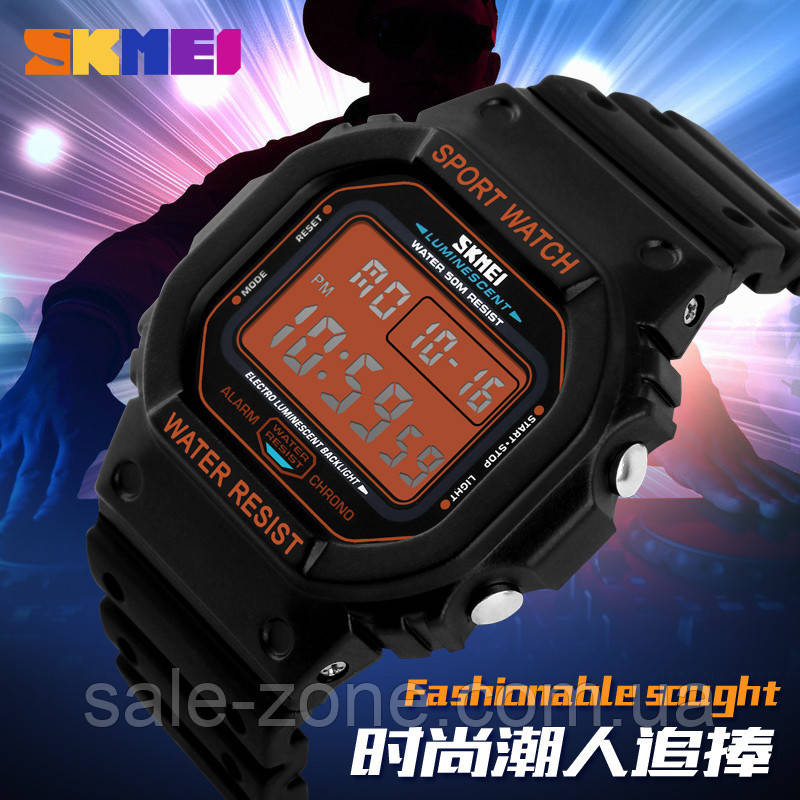 Мужские наручные спортивные часы Skmei 1134 (Черные с оранжевым цифебрлатом) - фото 6 - id-p1568796499