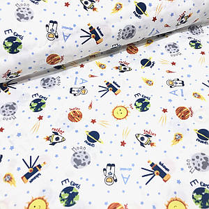 Тканина поплін планети, ракети, космонавти з блакитними зірочками на білому (ТУРЦІЯ шир. 2,4 м) (R-S-0612)