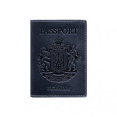 Шкіряна обкладинка для паспорта з українським гербом синя, фото 3