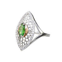 Женское серебряное кольцо Адель с золотыми вставками и Зеленым, синим фианитом 088к