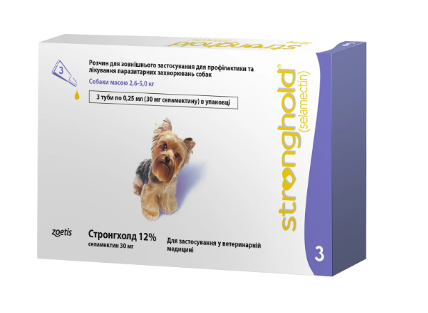 Стронгхолд 12% 30мг для собак вагою 2,6 - 5кг, 3 піпетки х 0,25 мг Для знищення бліх і лікування вушної корости