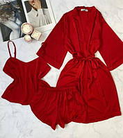 Шовковий комплект трійка халат, піжама з шортами для дому та сну колір ЧЕРВОНИЙ, тканина шовк Армані