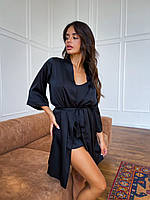 Шовковий комплект трійка халат, піжама з шортами для дому та сну колір СИНІЙ, тканина шовк Армані