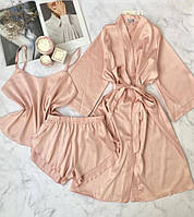 Шовковий комплект трійка халат, піжама з шортами для дому та сну колір ПУДРА, тканина шовк Армані