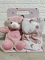 М'яка іграшка ведмежа 22 см з пледом 90см х 90см, плюшевий ведмідь, м'який ведмедик з пледом покривалом