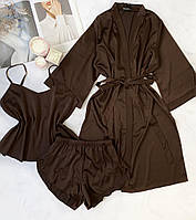 Шовковий комплект трійка халат, піжама з шортами для дому та сну колір ШОКОЛАД, тканина шовк Армані