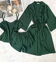 Шовковий комплект трійка халат, піжама з шортами для дому та сну колір ПЛЯШКА, тканина шовк Армані