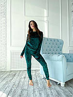 Жіноча велюрова піжама штани і кофта кофта для дому та сну колір СМАРАГД, велюровий домашній костюм