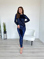 Жіноча велюрова піжама штани і кофта для дому та сну колір ТЕМНО СИНІЙ, велюровий домашній костюм-комплект