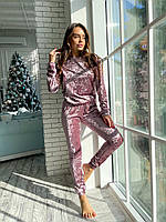Жіноча велюрова піжама штани і кофта для дому та сну колір РОЖЕВИЙ, велюровий домашній костюм-комплект