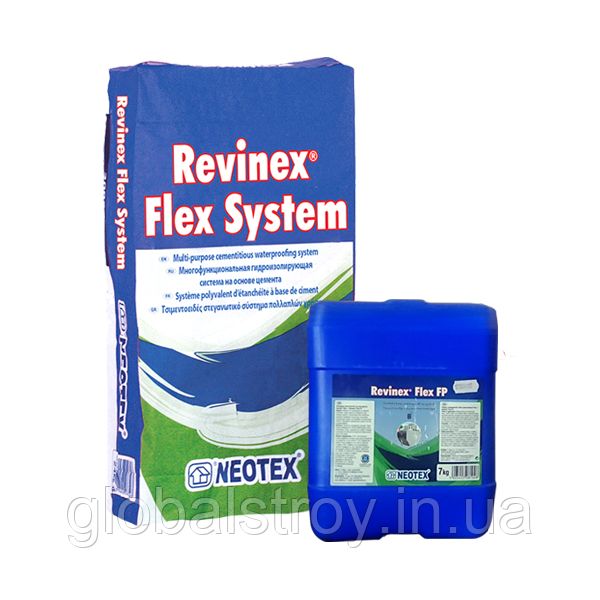 Гідроізоляція підвалів еластична полімерцементна Revinex Flex FP (А+В) комплект 32 кг сірий, фото 1