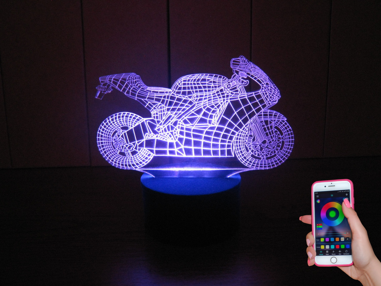 3d-світильник Мотоцикл, 3д-нічник, кілька підсвіток (на bluetooth), подарунок для мотоцикліста байкера, фото 1