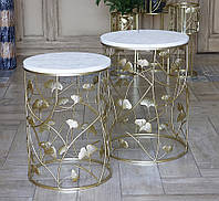 Кофейный стол Малый из металла и мрамора листьями Гинкго золото