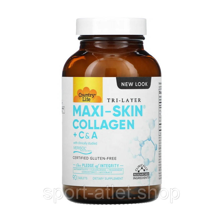 Натуральна добавка Country Life Maxi-Skin Collagen + C and A, 90 таблеток, фото 1