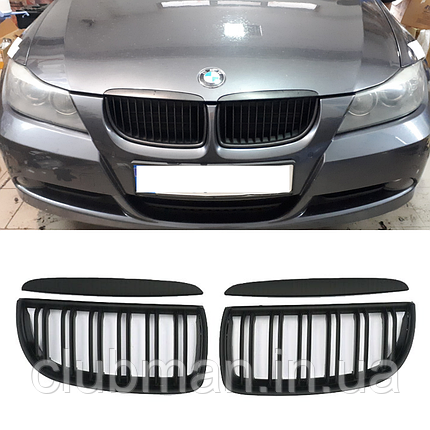 Решітка ноздрі BMW (БМВ) 3 series Е90 Е91 (2005-2008) Матова 2 ребра дорестайл, фото 1