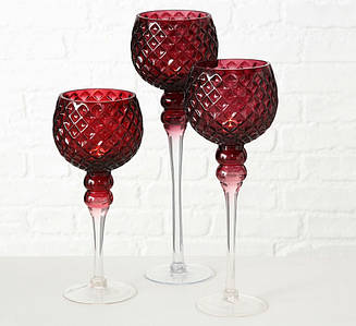 Набір 3-х свічників у формі келиха скло кольору марсал h30-40см Гранд Презент 7418800