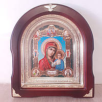 Икона Пресвятая Богородица Казанская, лик 15х18 см, в темном деревянном киоте, арка