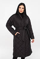 Черное стеганое пальто демисезон из плащевки без капюшона с поясом на весну-осень размер 42-54